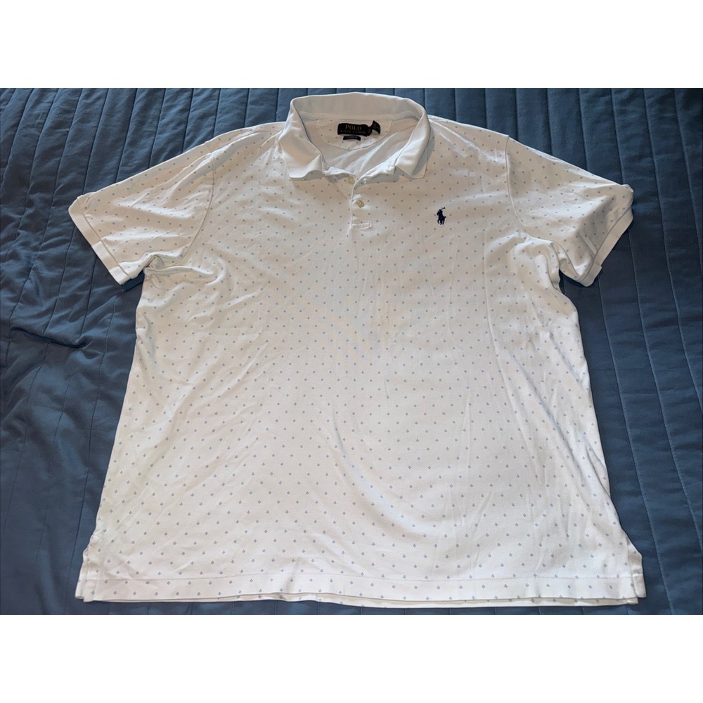 Polo Ralph Lauren Polo Shirt Mens XL White Blue Geometric Diamond Print